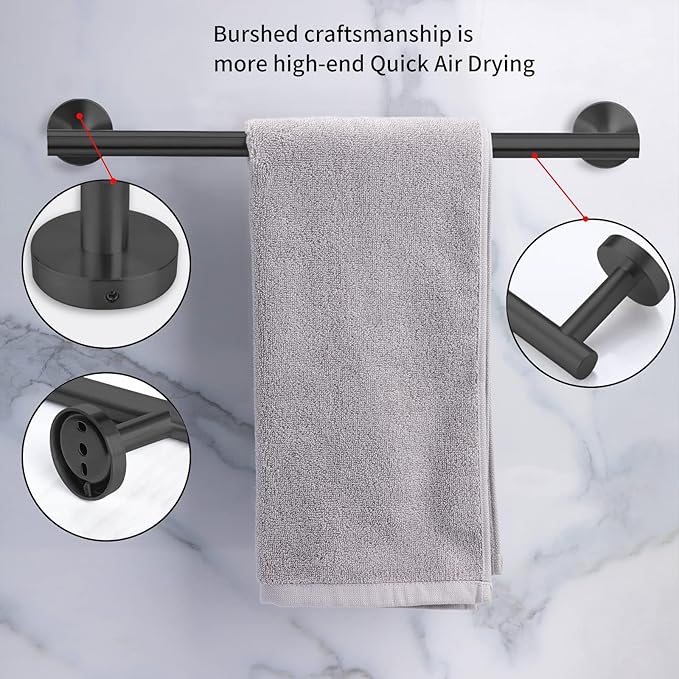 Cilee 10-Piece Matte Black Bathroom Accessories Set, 16 inch Towel Rack + Towel Ring + Robe Towel Hook + Toilet Paper Holder for Bathroom Wall, Stainless Steel Towel Bar