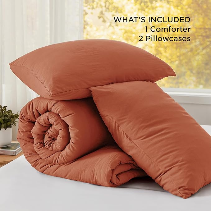 Bedsure Queen Size Comforter Set, Burnt Orange Soft Prewashed Bedding for All Seasons, 3 Pieces GentleSoft™ Down Alternative Bed Set, 1 Lightweight Comforter (90"x90") and 2 Pillowcases (20"x26")