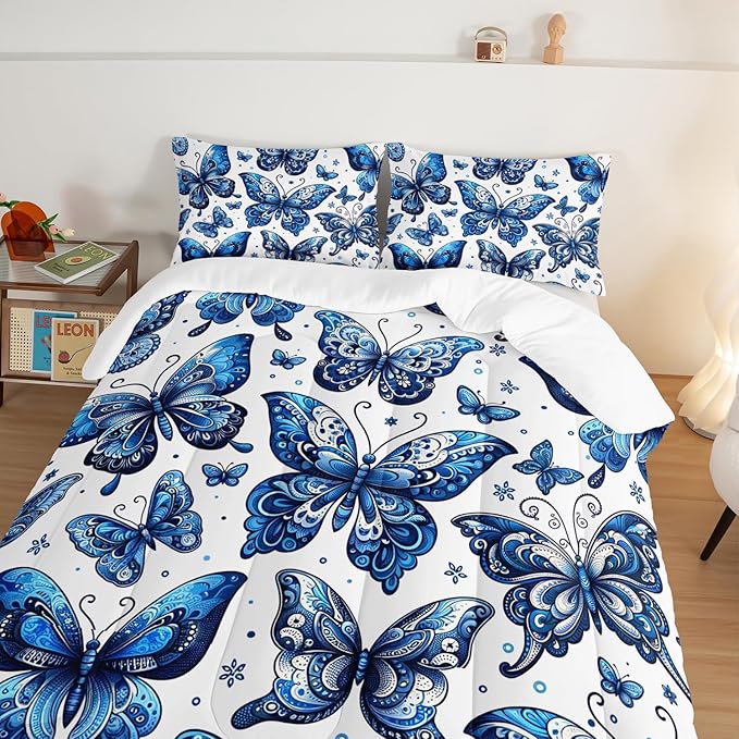 Blue Butterfly Comforter Bedding Set Full Size,Bohemian Style Blue Series Bedding for Kids Girls Boys,Insect Themed Children's Bedding Soft Fluffy Comforter Sets with 2 Pillowcases.