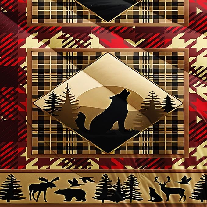 Red and Black Plaid Comforter Set Queen，Queen Size Bedding Set Animal Print，Rustic Farmhouse Quilt Bedding Sets Queen，Animal Print Bedroom Decor，with 1 Comforter with 2 Pillow Case