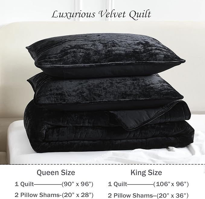 King Size Comforter Set, Luxurious Velvet King Quilt, Black Bedding Set, Soft Plush Bedspread King Size, Lightweight Quilts for All Season, Black