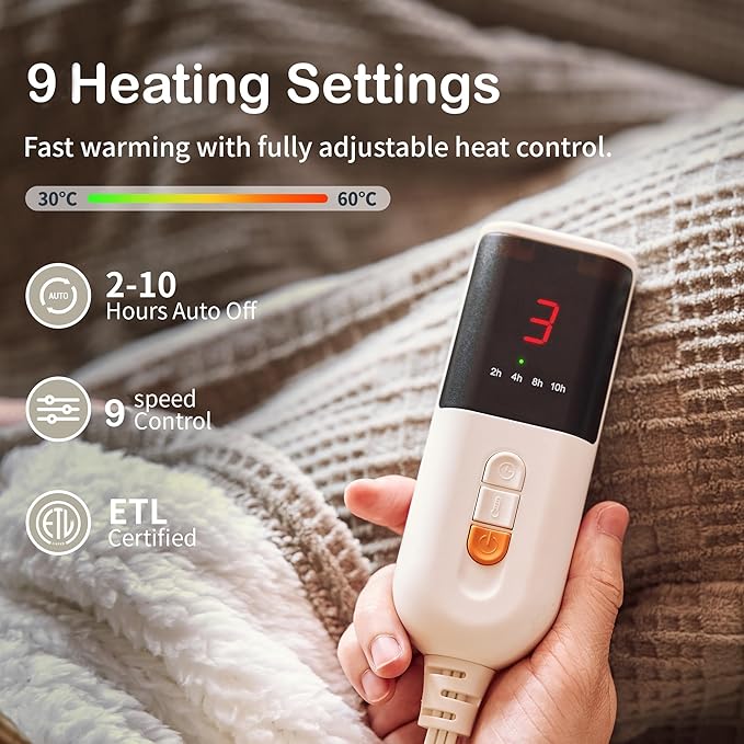 Heated Blanket Electric Blanket Throw 50''X60''-Heating Throw with 9 Heat Settings-2-10 Hours Auto Off,ETL Certified,Machine Washable (Grey)