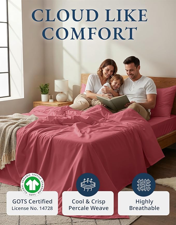 LANE LINEN Eco Friendly 100% Organic Cotton Twin Bed Sheet Set, Soft & Breathable Fully Elasticized Mercerized Cotton Twin Size Bedding Sheets & Pillowcase Set, Deep Pocket Bed Sheets - Mineral Red