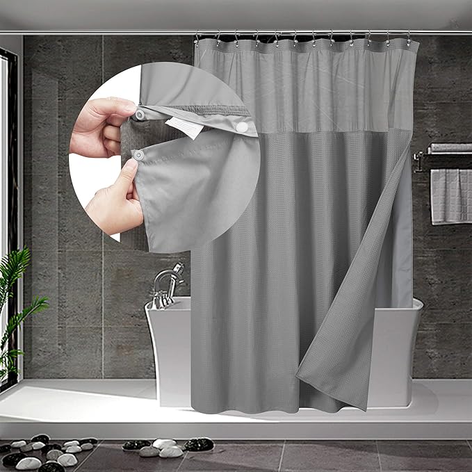 N&Y HOME Extra Long Waffle Weave Shower Curtain with Snap-in Fabric Liner Set, 12 Hooks Included - 71" x 84", Hotel Style, Mesh Top Window, Machine Washable & Water-Repellent - 71x84, Gray