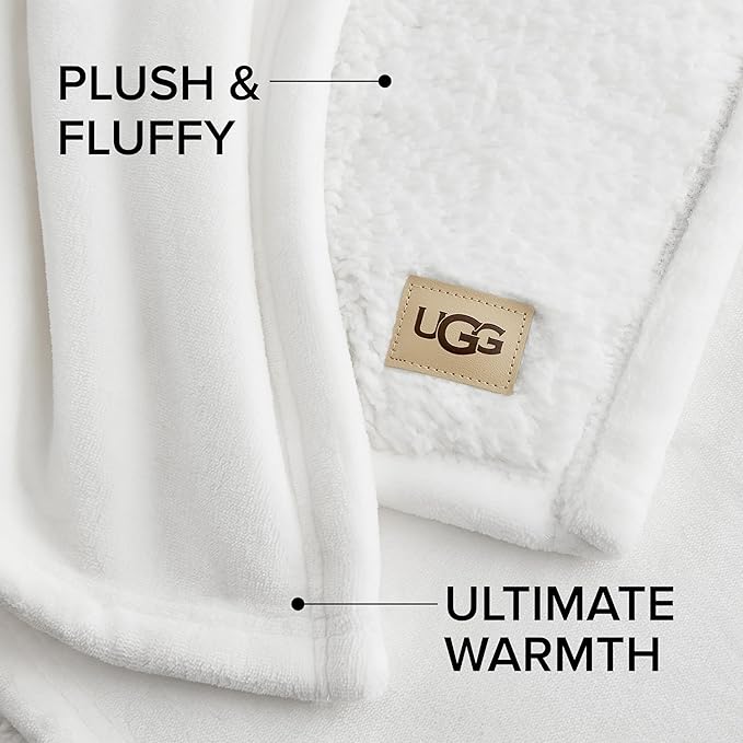 UGG Ariana Full/Queen Blanket Fleece Fluffy Reversible Soft Fuzzy Bedding Cozy Plush Warm Oversized Blanket Machine Washable Bedroom Decor for Big Couch or Bed, 90-inch x 90-inch, White Snow