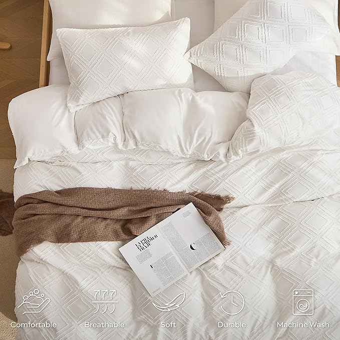 JELLYMONI Duvet Cover Queen Size White - 3PCS Boho Duvet Cover Set Plaid Polyester Tufted Bohemian Jacquard Knit Textured Comforter Cover 90×90in Rhombic Geometric Pattern Zipper Corner Tie