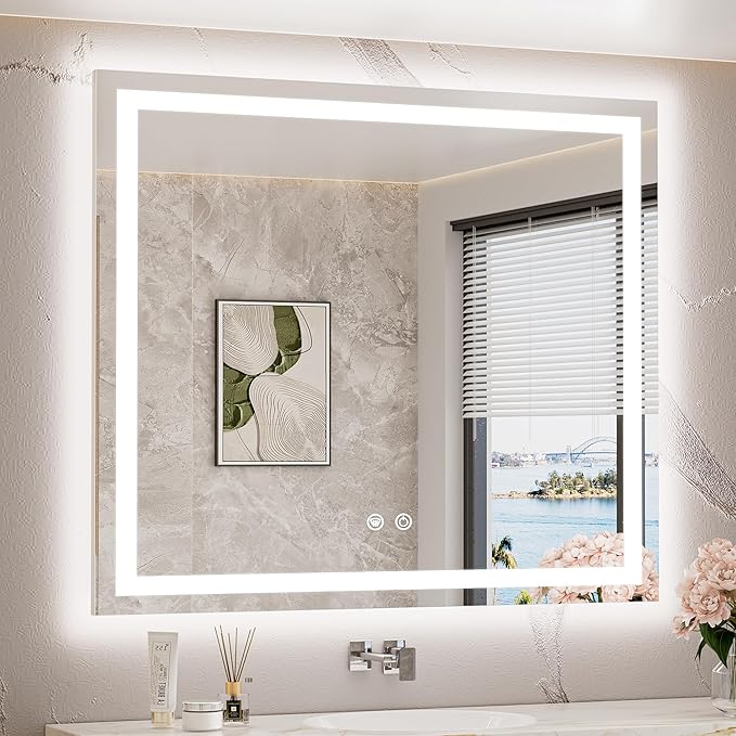 TETOTE LED Bathroom Mirror with Lights 40 x 36 Brighter Light up Mirror for Bathroom Vanity, Front and Backlit 3-Color Dimmable Illuminated Antifog Mirror Wall Mounted, Waterproof, Tempered Glass