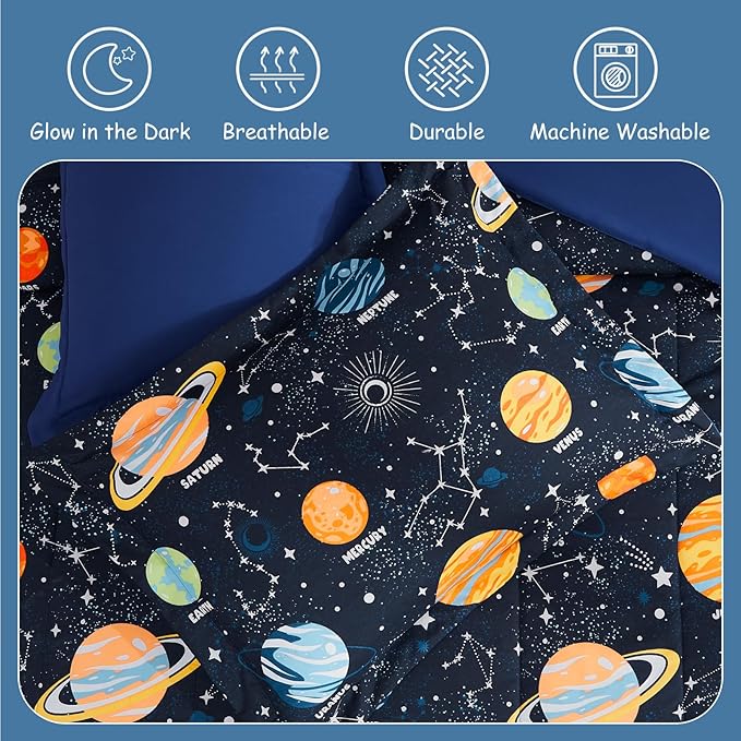 Glow in The Dark Kids Comforter Set Full Size for Boys Teen, Space Bedding Set 1 Comforter, 1 Decor Pillow, 2 Pillow Shams