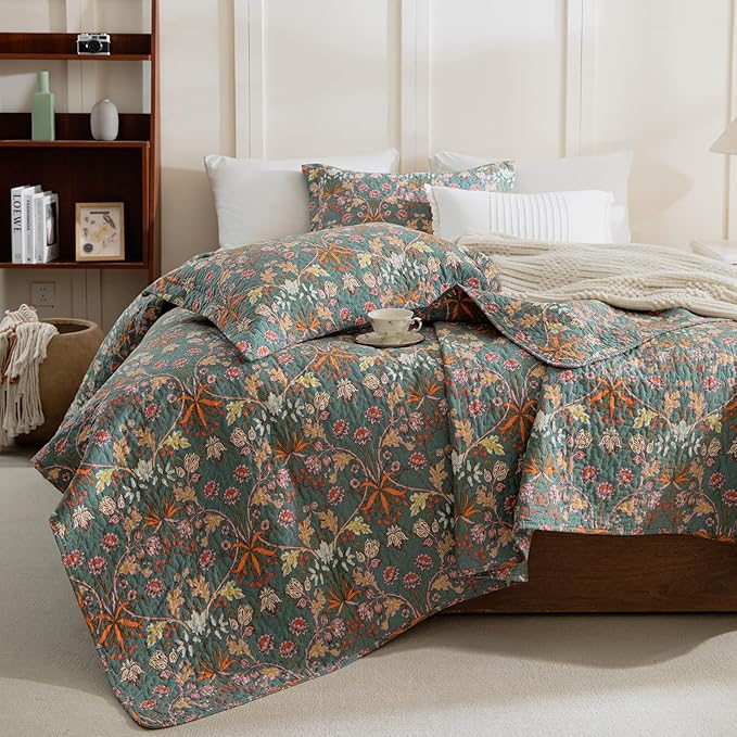 Lady Ann Oversized King Bedspreads 128x120, 100% Cotton Oversized King Quilt Bedding Set Vibrant Paisley Floral Pattern Plant Botanical Printed Quilted Coverlet Set, 3 PCS