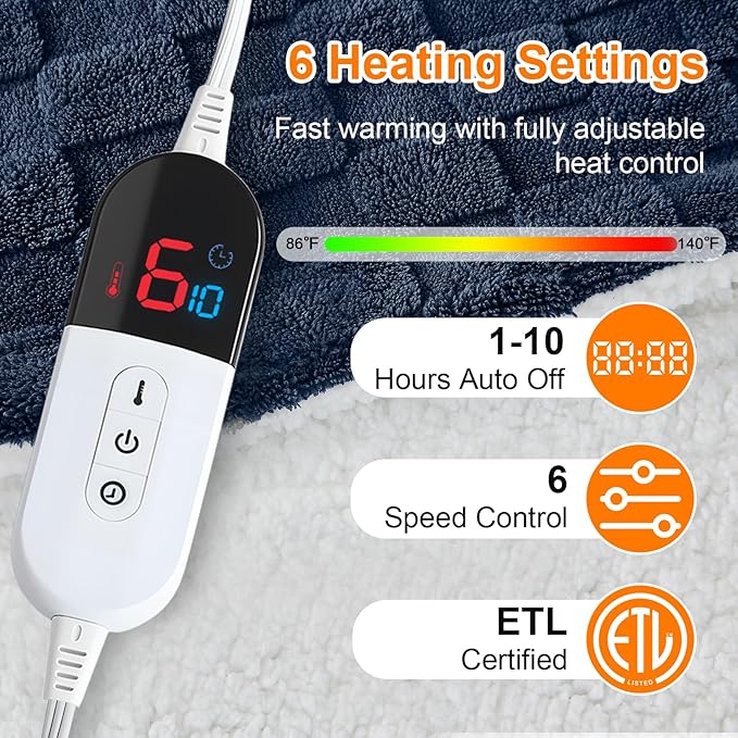 Electric Heated Blanket Twin Size - Jacquard Checkered Sherpa 62"x84" Fast Heating Bed Blankets with 6 Heating Levels & 10 Hours Auto Off, Over-Heat Protection ETL, Navy Blue
