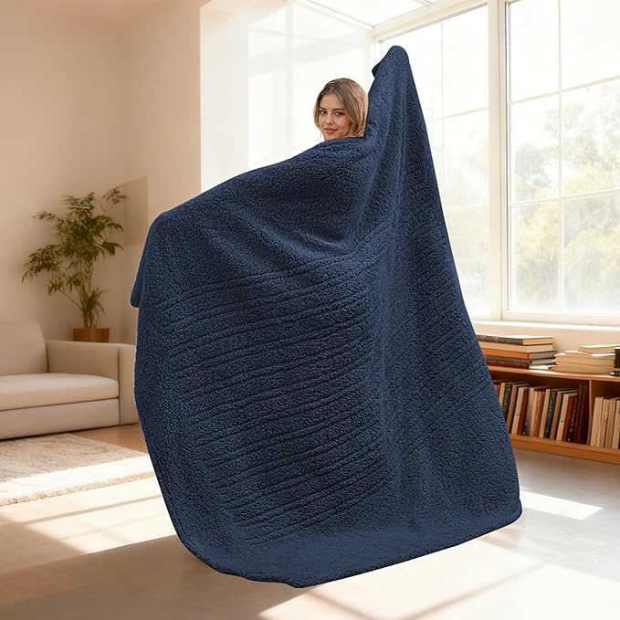 Electric Heated Blanket 6 Heating Settings & 3 H Auto Off Throw Size 50×60 Double Sided Plush Sherpa Ultra-Soft Warm Thick, Machine Washable, Fast Heating, Home Office Dark Blue