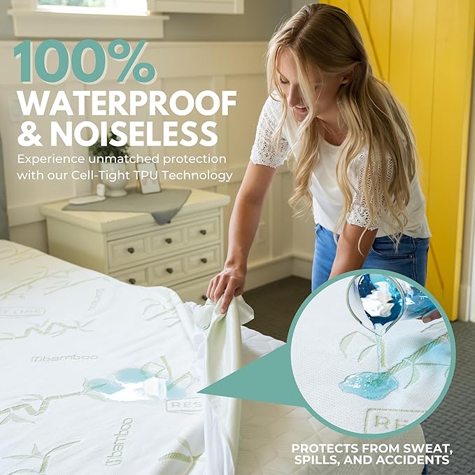 Twin XL Size 39x80” Premium Bamboo Waterproof Mattress Protector, 100% Viscose from Bamboo, Hypoallergenic, Cooling Mattress Pad Cover, Soft & Breathable Fitted Sheet Style up to 18" Deep - Rest Line