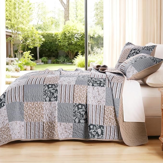 Mybedsoul Patchwork Quilt Set Queen Size, 3 Pieces Blue Brown Floral Plaid Bedspread Coverlet Set, Reversible Soft Microfiber Bedding Set for All Season, Fall Winter Queen 90"x96"