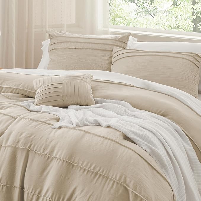 Bedsure Full Comforter Set - 4 Pieces Pinch Pleat Bed Set, Linen Boho Bedding for All Season, 1 Soft Comforter, 2 Pillowcases, 1 Decorative Pillow