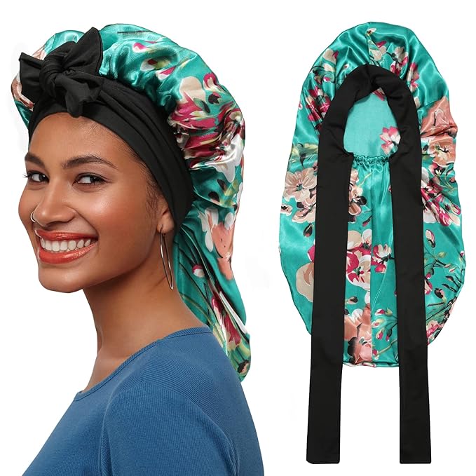 AWAYTR Long Satin Bonnet for Braids - Elastic Silk Hair Bonnets for Sleeping Night Cap Stretchy Tie Band for Women（Flower A）