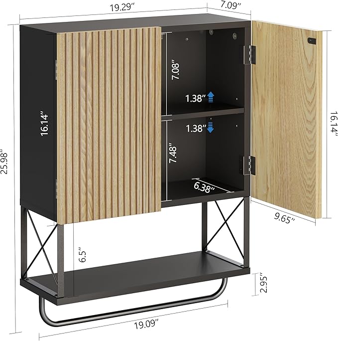 Bathroom Wall Medicine Cabinet, Fluted Hanging Wall Mounted Cabinet with Towel Bar, Above Toilet Storage Cabinet for Bathroom Organizers and Storage, Medium Size, Black