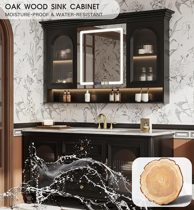 Freestanding Bathroom Vanity with Sink, Solid Wood Bathroom Vanity Set, Vintage Bathroom Vanities with Large Capacity Storage Cabinet and Open Shelf, Elegant Vanities (Black,88")