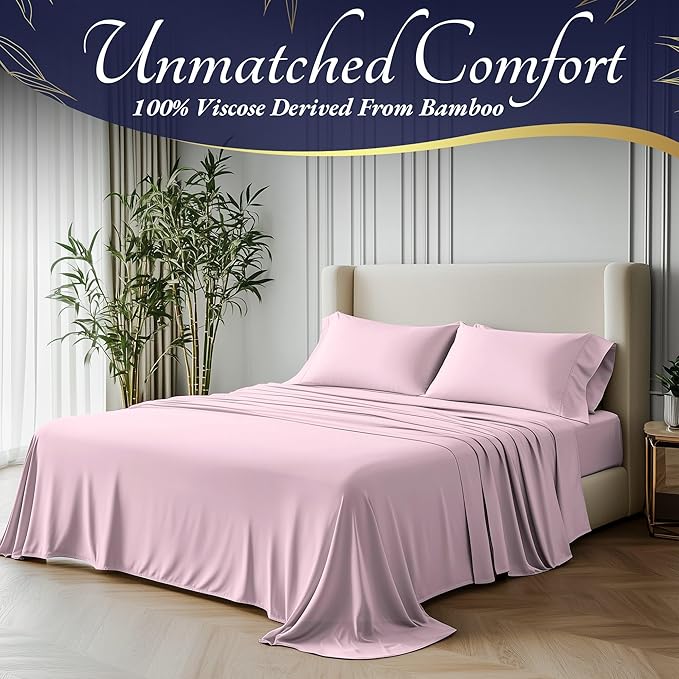 DECOLURE 100% Viscose Derived from Bamboo Sheets Cal King Size 4pcs - Ultra Soft & Luxuriously Cooling, 17" Deep Pocket,Double Stitching,Perfect for Hot Sleepers - King Bed Sheets (Light Pink)