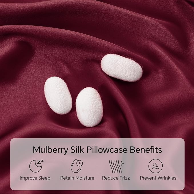 INFIIXSO Mulberry Silk Pillowcase for Hair and Skin, Silk Pillow Cases Queen Size Set of 2 with Hidden Zipper 20x30 Inches, Smooth and Soft Cooling Pillow Cases for Hot Sleepers(Burgundy, 2 Pack)