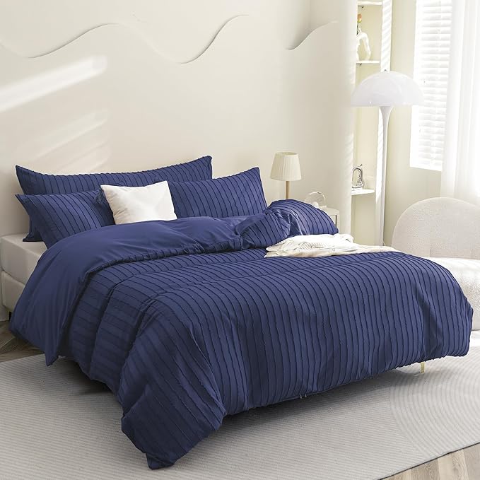 JELLYMONI Duvet Cover Queen Size Navy Blue - 3PCS Boho Striped Duvet Cover Set Polyester Tufted Bohemian Textured Comforter Cover 90×90in with Corner Ties & Zipper and 2 Pillowcases