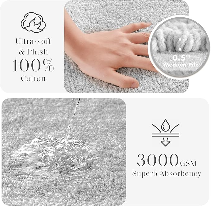 Madison Park Splendor Reversible 100% Cotton Tufted Bathroom Rug-3000 GSM Hotel Quality Luxurious Plush Medium Pile Bath Mat Absorbent, Quick Dry, Shower Room Décor, 24x44 Grey