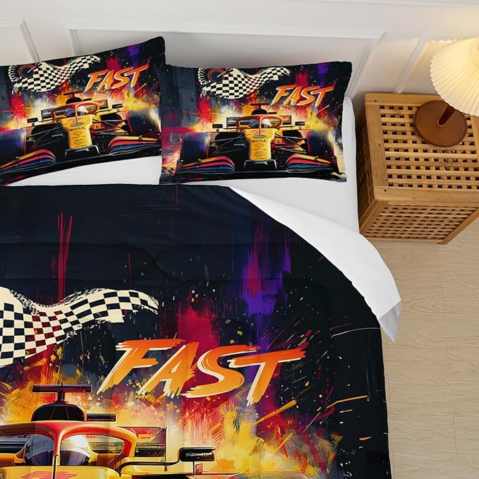 F1 Race Car Comforter Set Full for Boys，Boys Full Size Bedding Set Race Car，with 1 Comforter with 2 Pillow Case，F1 Race Car Themed Bedroom Decor