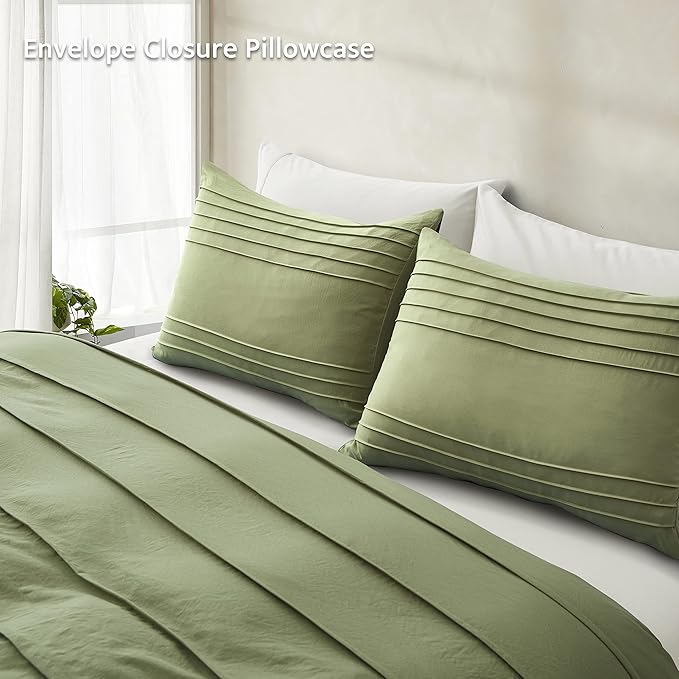 Oli Anderson Sage Green Duvet Cover Queen Size - Pleated Queen Duvet Cover, 3PCS Soft and Breathable Textured Bedding Set with Zipper Closure(Sage Green,90"x90")