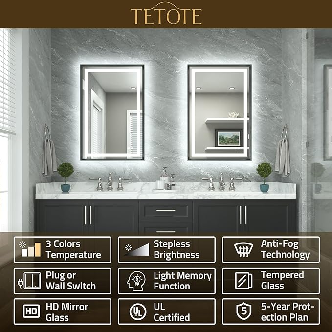 TETOTE 48 x 32 Bathroom LED Mirror Brushed Gunmetal Gray Frame Frontlit & Backlit Vanity Mirror Anti-Fog Stepless Dimmable 3 Colors White/Warm/Natural Wall-Mounted