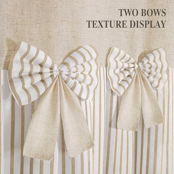 Farmhouse Shower Curtain Linen Beige Bow Woven Fabric Country Rustic Western, Pleated Beige Stripe 72" W x 72" L