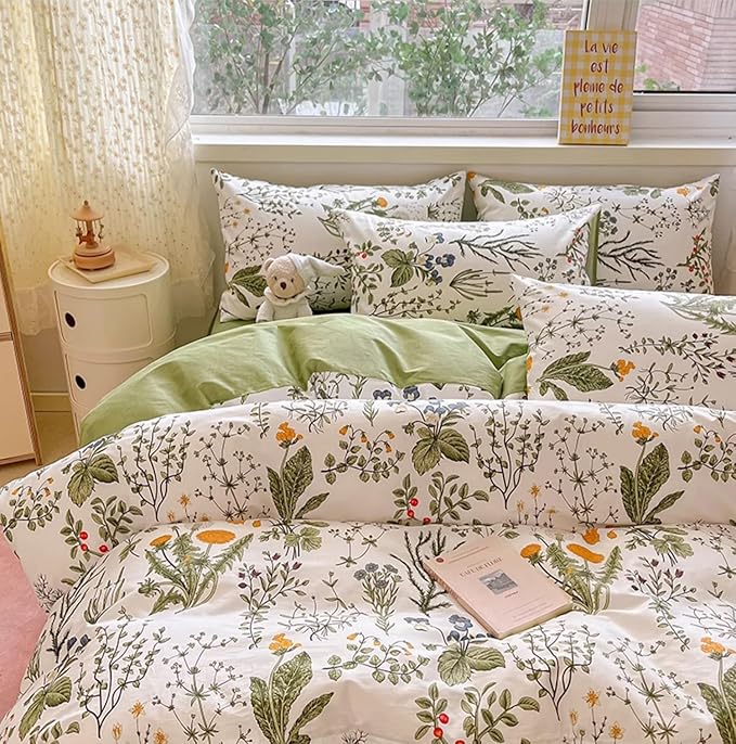 KAREVER Botanical Comforter Set Full White and Sage Green Floral Plant Bedding Set Garden Pattern Printed on White Reversible Blanket 3 PCs 1 White Comforter 80"x90" and 2 Pillowcases