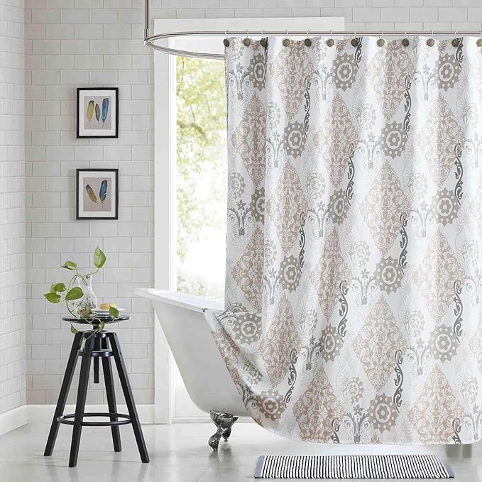 Fabric Shower Curtain, White and Beige Boho Damask Print Shower Curtains for Bathroom, 72" W x 72" H