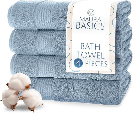 MAURA Basics Performance Bath Towels 100% Turkish Cotton with Hook Loops. Extra Large Luxury Absorbent Plush Towel Sets for Bathroom, Daily Use American Standard Size 27”x54”, Blue Gray