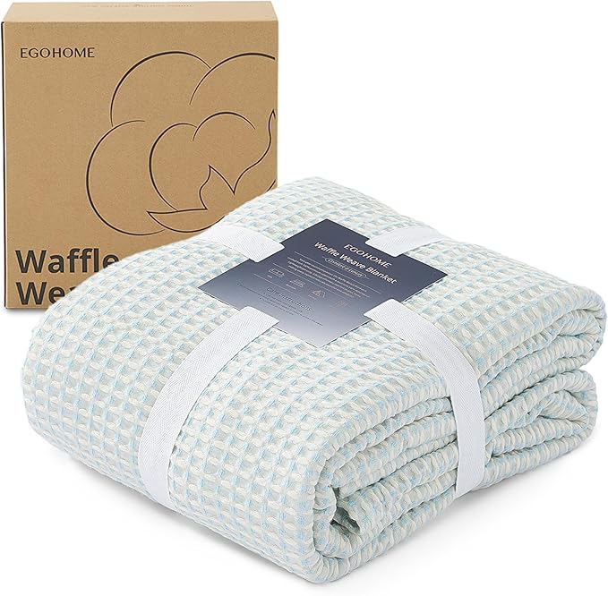 EGOHOME 100% Cotton Queen Size Blankets for Bed,Soft Jacquard Waffle Weave Blanket,Lightweight and Breathable Unique Dual-Tone Texture Cotton Blanket for All Seasons-Angel Falls Blue,90 x 90 Inches