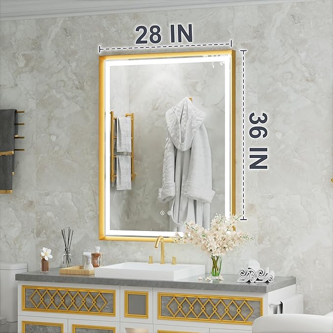 28x36 Inch LED Mirror for Bathroom, Gold Bathroom Mirror with Lights, Dimmable, Anti-Fog, Adjustable 3000K/4500K/6000K