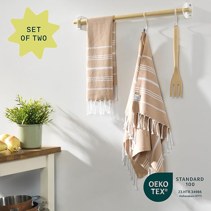 WETCAT Turkish Hand Towels with Hanging Loop, Set of 2 (20" x 30") 100% Turkish Cotton, Pre-Washed, Quick Drying, for Kitchen or Bathroom - Tawny Brown