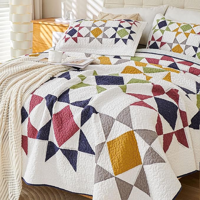 Cmfshape Quilt Sets Bedspread Set 100% Cotton Real Patchwork Bedding Set, All Season Use Lightweight Reversible Coverlet Quilts with 2 Pillow Shams(Queen 90"x90")