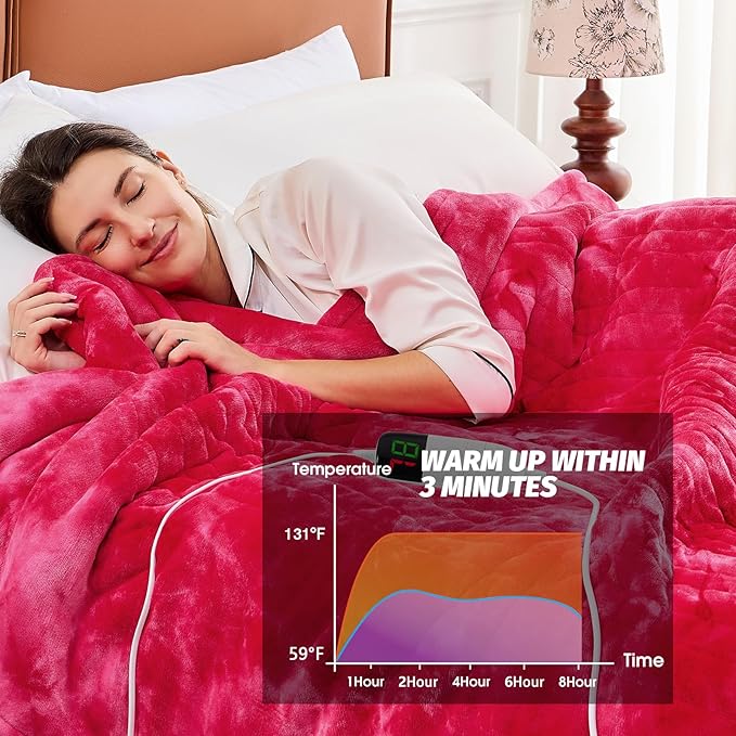 greenoak Heated Electric Blanket Throw, Faux Fur Sherpa Heating Blanket for Sofa Bed, Warm Winter Gifts for Mom/Grandma, Heater Lap Blankets 5-Position Timer &10 Heating Levels 72''*84" Red