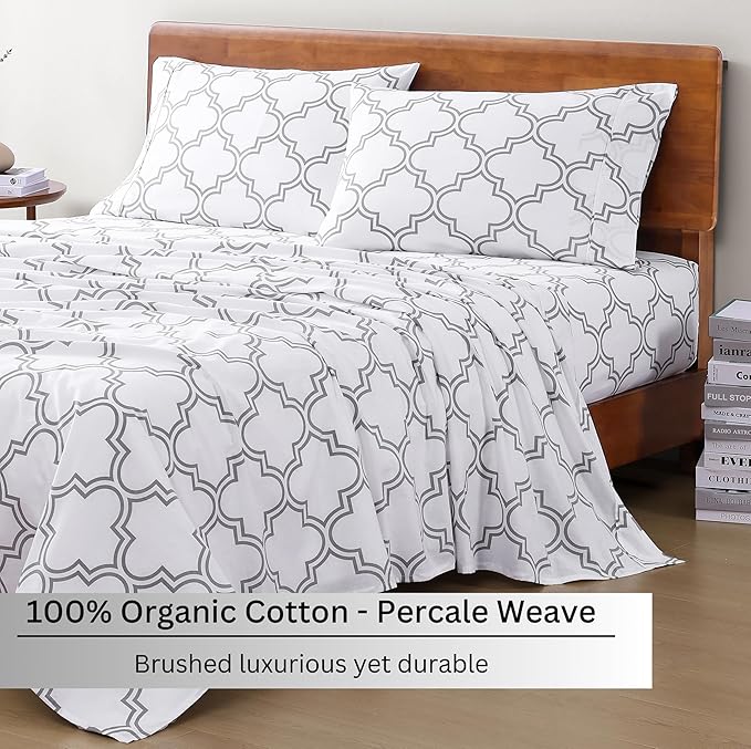 LANE LINEN 100% Organic Cotton King Size Bedding Sets, Soft & Comfy Percale Sheets, Breathable Luxury Hotel Low Pill Fade Resistant Printed Cotton Sheets,15" Deep Pocket King Sheet Set - Trellis