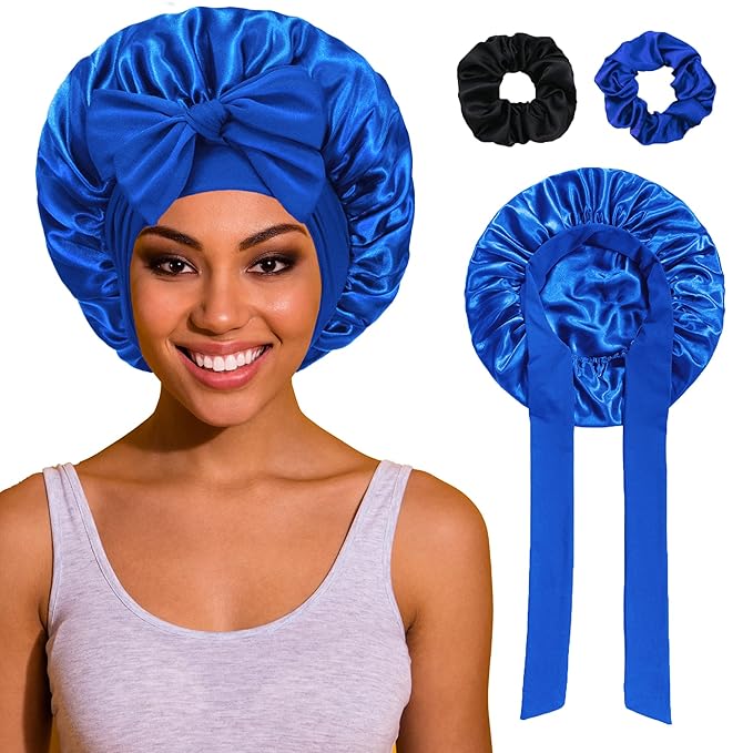 Bonnet with Tie Band, Satin Hair Silk Bonnet for Sleeping Women, Sleep Bonnets for Women, Double Layer Sleep Cap for Curly Hair Braids
