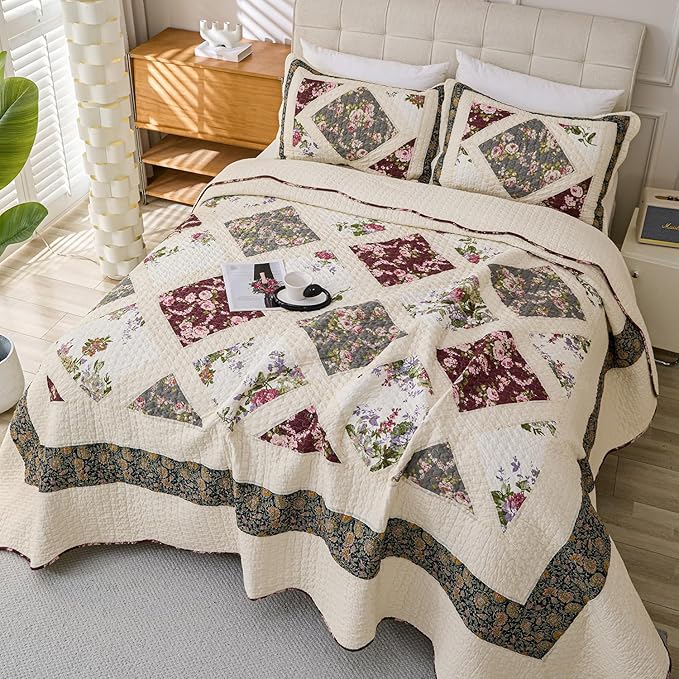 Cmfshape Floral Quilt Sets Bedspread Set 100% Cotton Patchwork Bedding Set,All Season Use Lightweight Reversible Coverlet Quilts with 2 Pillow Shams(King 106"x96")