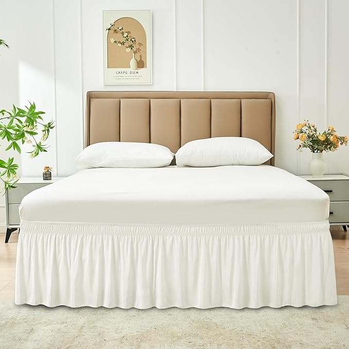 Biscaynebay Wrap Around Bed Skirts for Twin & Twin XL Beds Short Drop of 12", Ivory Adjustable Elastic Dust Ruffles Easy Fit Wrinkle Resistant Silky Luxurious Fabric Machine Washable
