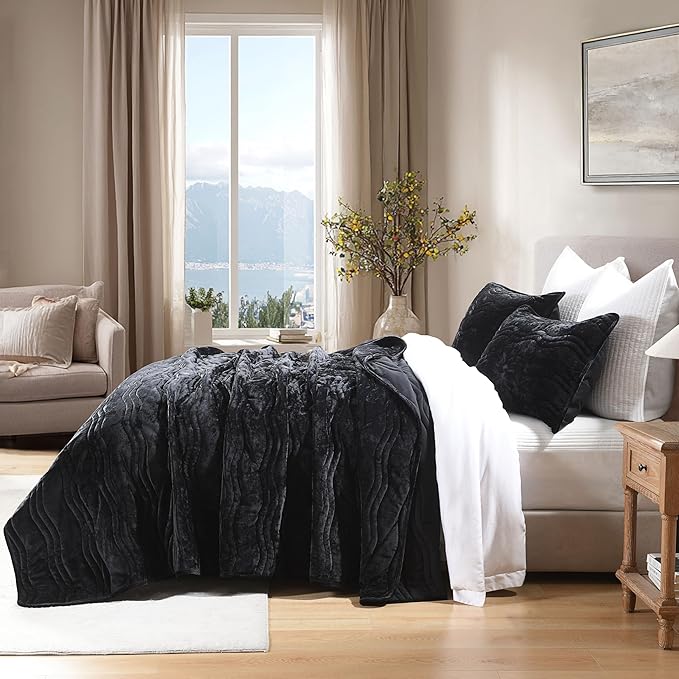 King Size Comforter Set, Luxurious Velvet King Quilt, Black Bedding Set, Soft Plush Bedspread King Size, Lightweight Quilts for All Season, Black