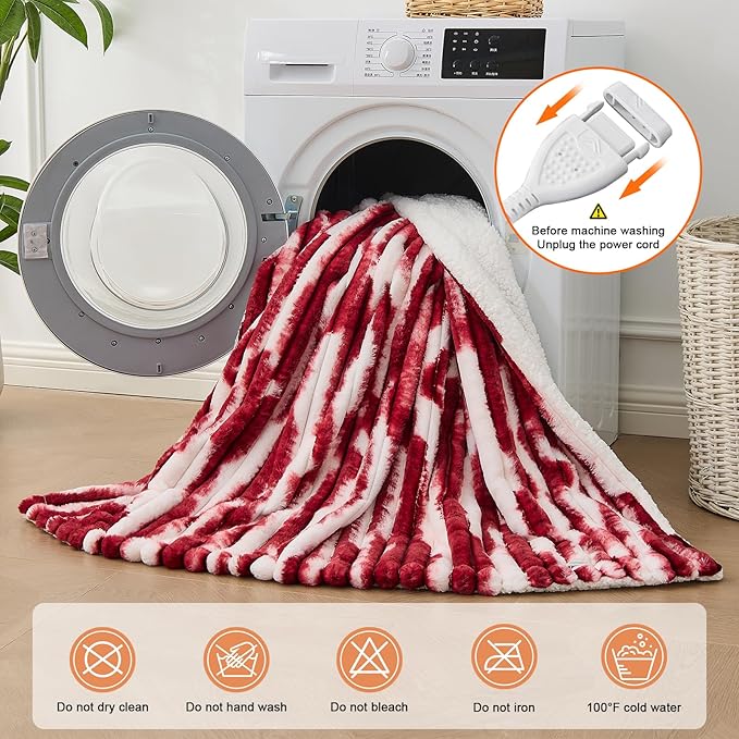 Heated Blanket Queen - 84"x90" Dual Control Bed Electric Blankets with 6 Heating Levels & 10 Hours Auto Off, Soft Ribbed Faux Fur Sherpa, Over-Heated Protection ETL, Red