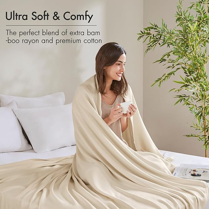 Madison Park King Size Blanket, 70% Rayon Bamboo-Based, 30% Cotton, Breathable for Hot Sleepers Menopause, Ultra Soft and Snag-Resistant, Summer Blanket for Bed or Couch, King 108"x90", Ivory