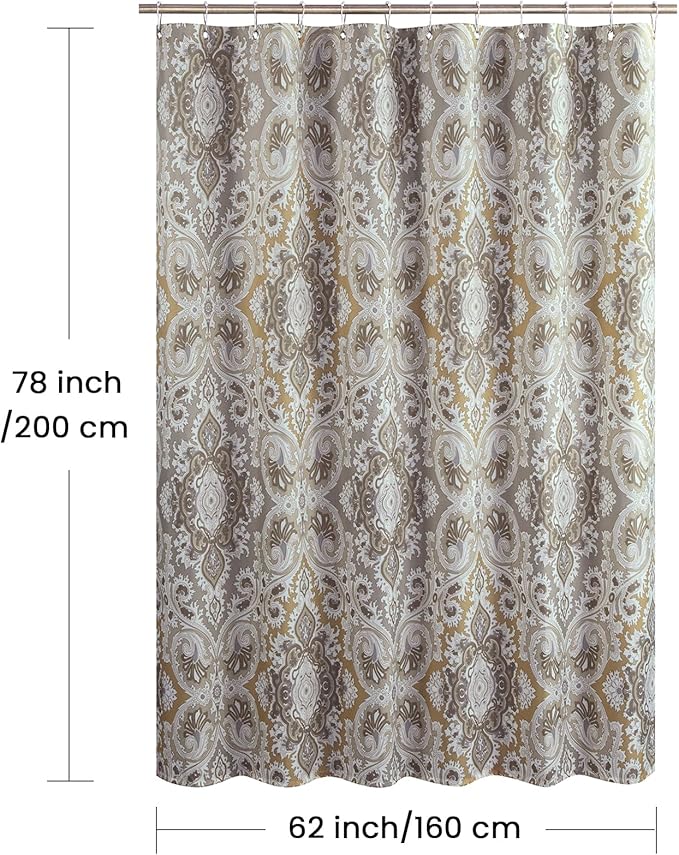 Long Fabric Shower Curtain, Beige Grey Blue Printed Boho Paisley Damask Pattern Shower Curtains for Bathroom, Waterproof Bathroom Curtains, 62" W x 78" H