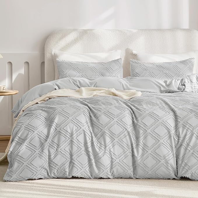 JELLYMONI Duvet Cover Full Size Light Grey - 3PCS Boho Duvet Cover Set Plaid Polyester Tufted Bohemian Jacquard Knit Textured Comforter Cover 80×90in Rhombic Geometric Pattern Corner Ties & Zipper