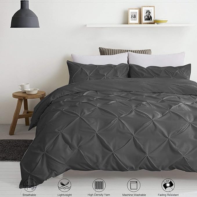 Pinch Pleated Duvet Cover Set 100% Brushed Microfiber 3PC Super King Size 98x108 Duvet Cover Set, Decorative Pinch Design Dark Grey Duvet Cover with Matching Pillow Case