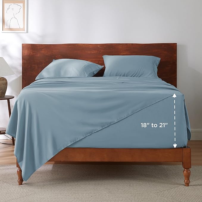 Bedsure Deep Pocket Full Size Bed Sheets Set - Fits Mattresses Up to 21 Inches Thick - 4 Piece GentleSoft Bed Sheets, Moisture Wicking, Cooling Bedsheet & Pillowcases, Easy & Secure Fit, Mineral Blue