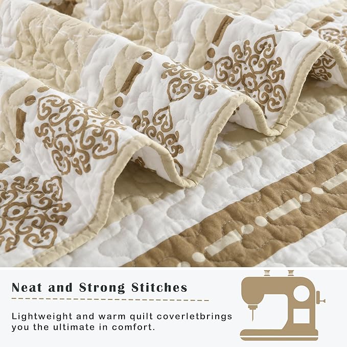 Quilt Bedding Set Queen Size, Cotton Comforters Set Queen Size, Brown Taupe Quilts Bedspread for The Bed, Farmhouse Lightweight Bedding (90 * 98 Inch) and 2 Pillow Shams All Season