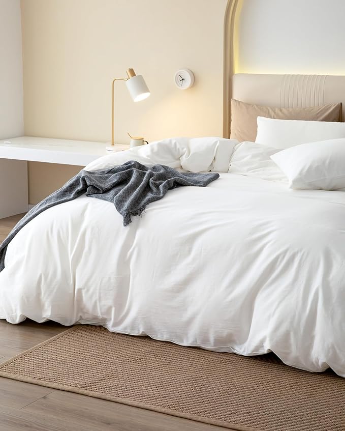 JIYUAN 100% Washed Cotton Duvet Cover Set 3 Pieces Super Queen, 1 Duvet Cover 90x98 Inches(Comforter Not Included) and 2 Pillowcases,Linen Feel Bedding Set Comfy and Breathable,Bright White